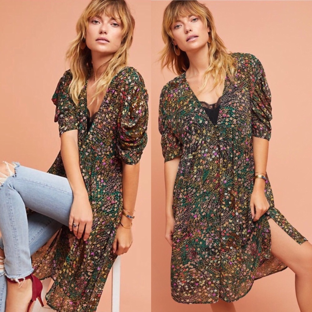 Anthropologie Floral Midi Dress - Green and Pink